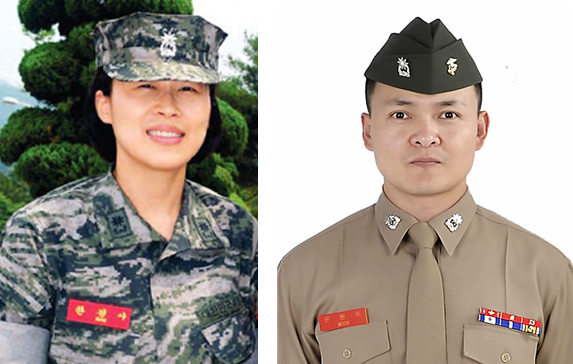 해병대 전투복에 팔각모 착용 모습(좌)과 근무복에 개리슨 캡(우) 착용 모습 /출처= ⓒ해병닷컴