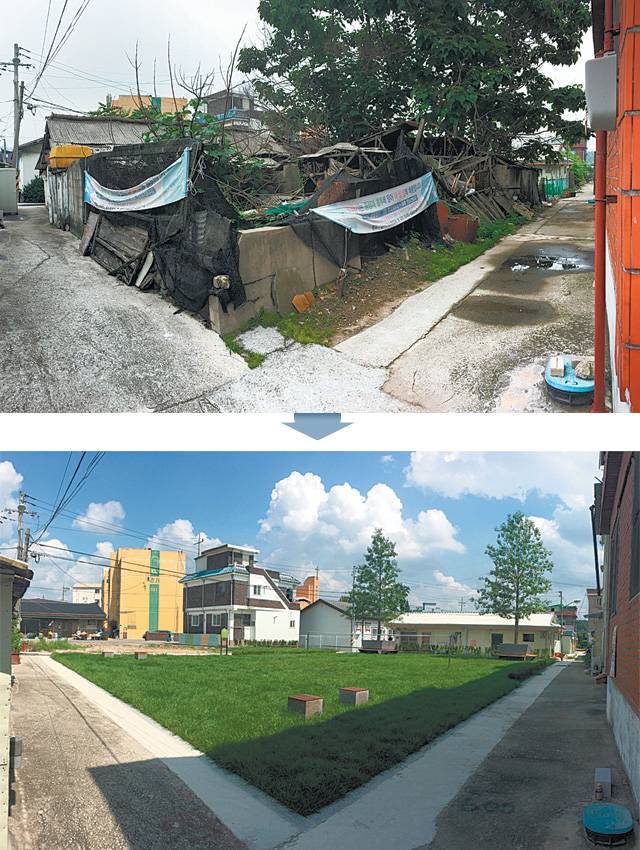 오랜 기간 폐가로 방치됐던 경기 양주시 은현면 봉암리의 주택(위 사진)들이 범죄예방디자인 사업으로 철거되고 마을 휴식공간으로 바뀌었다. 양주시 제공