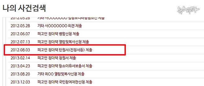 ▲ 나경원 의원의 남편 김재호 판사가 맡았던 정대택 씨 사건의 대법원 홈페이지 기록. 2012년 8월 3일 정대택 씨가 탄원서를 제출한 사실이 남아있다.