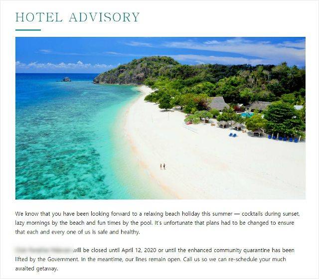 투숙 예정이었던 리조트의 폐쇄 공지. (사진=리조트 홈페이지 캡처)