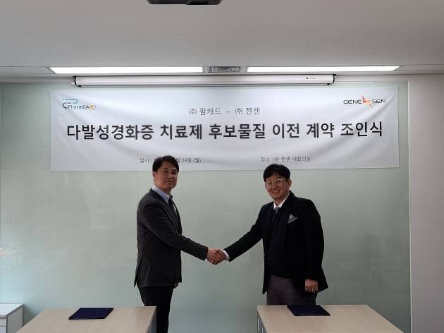 이성호 젠센 대표(왼쪽), 우상욱 팜캐드 대표가 조인식을 마치고 기념 사진을 찍고 있다 / 사진 = 팜캐드 제공