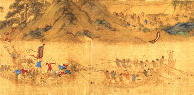 중국 명대 원작을 모사한 것으로 추정되는 ‘왜구도권’ 중 명군(왼쪽)과 왜구의 해전도 [도쿄대사료편찬소]