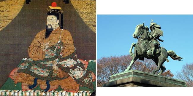 일본 남북조 시대 남조를 연 고다이고 일왕의 초상화(왼쪽). 일본 메이지유신의 주역들이 자신들과 동일시한 구스노키 마사시게의 동상 [Monkan-bō Kōshin, David Moore]