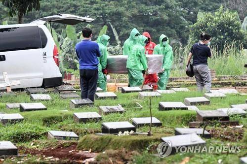 코로나19 인도네시아 희생자의 장례식 [로이터=연합뉴스]