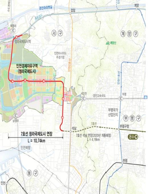 석남역에서 인천 청라까지 이어지는 7호선 연장선. 국토부.