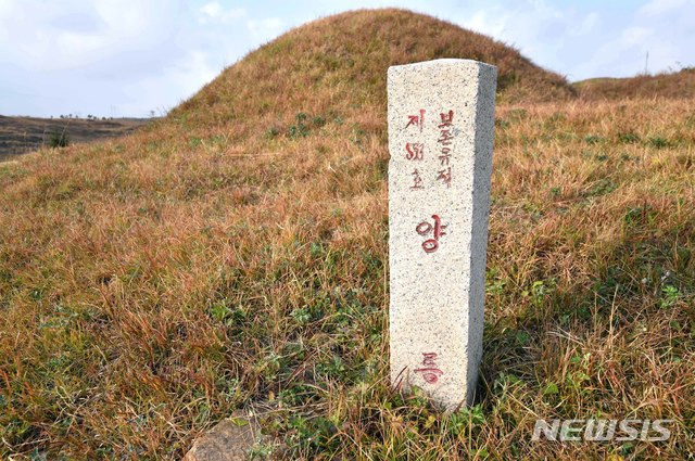 [서울=뉴시스] 개성시 고남리에 있는 고려 20대 신종(神宗)의 양릉(陽陵) 앞에 세워진 표석. 보존유적 553호로 지정돼 있다. (사진=평화경제연구소 제공) 2020.04.04. photo@newsis.com