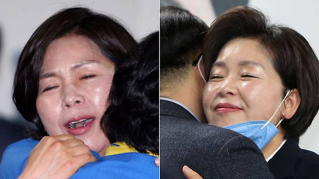 개표 상황을 지켜보며 4년 전(왼쪽)과 대비된 표정을 짓고 있는 양향자 후보