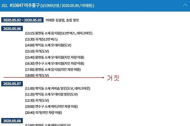 학원강사 A씨의 거짓 진술 (인천=연합뉴스) 학원강사 A씨가 미추홀구에 진술한 초기 동선. A씨는 지난 6일 오후 6시 귀가했다고 진술했지만, 휴대전화 위치정보 추적 등을 종합한 결과 실제로는 이날 오후 7∼11시 모 학원에서 고등학생 9명을 상대로 강의를 한 것으로 밝혀졌다.       인천시는 A씨를 감염병의 예방 및 관리에 관한 법률 위반 혐의로 고발할 예정이다. [미추홀구 제공, 재판매 및 DB 금지] 2020.5.13 inyon@yna.co.kr