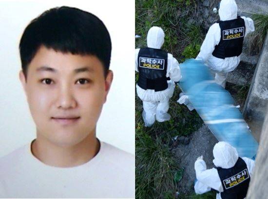 신상공개가 결정된 최신종의 얼굴. 오른쪽은 지난달 23일 전북 진안군 성수면의 한 다리 밑에서 경찰 관계자들이 피해자 A씨의 시체를 수습하는 모습이다. 연합, 뉴시스