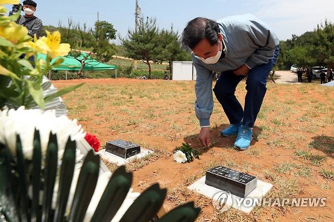 부모 묘소에 헌화하는 이낙연 (영광=연합뉴스) 정회성 기자 = 이낙연 전 국무총리가 26일 낮 전남 영광군 법성면 고향 마을 인근에서 부모 묘소 이장을 마친 뒤 헌화하고 있다. 2020.5.26 hs@yna.co.kr