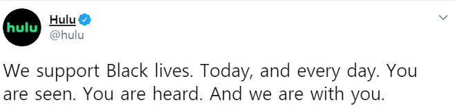 넷플릭스의 경쟁사 훌루도 흑인 사망 항의 시위를 지지하는 글을 공식 트위터 계정에 올렸다. 트위터 캡쳐