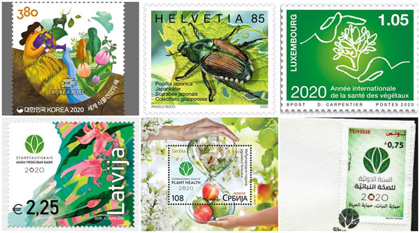 2020년 ‘세계 식물 건강의 해’를 맞아 발행된 기념우표들. 한국·스위스·룩셈부르크·튀니지·세르비아·라트비아 순 (윗줄 왼쪽부터 시계 방향으로)