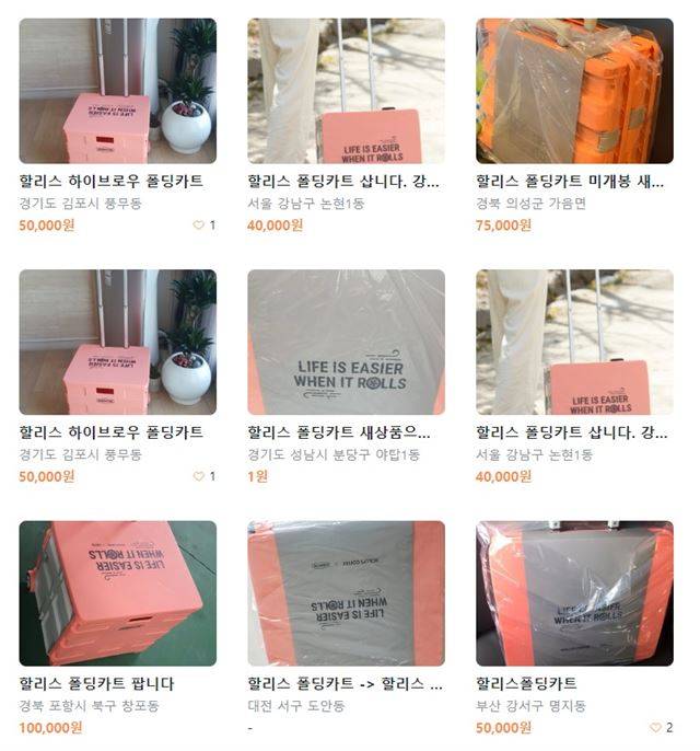 폴딩카트는 9일 중고거래 사이트에서 많게는 10만원에도 거래되고 있다. 온라인 사이트 화면 캡처