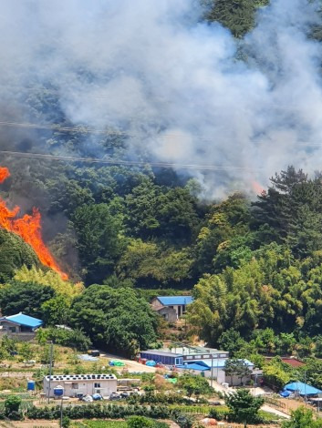 양산 금정산 능선 300ｍ 지점 산불…대응 1단계 발령 [독자 제공]