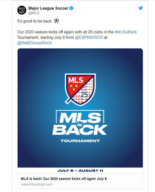 7월 8일 시즌 재개 결정을 알린 MLS (사진=MLS 트위터, 연합뉴스)