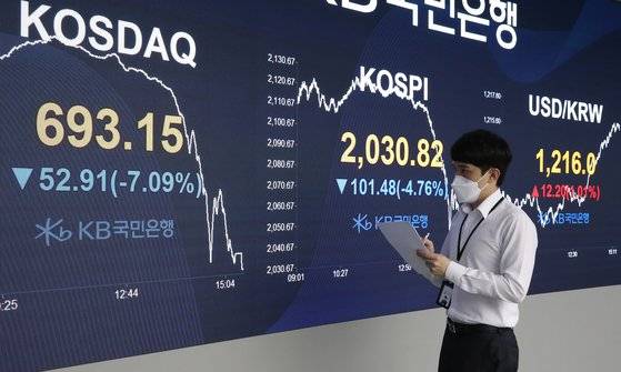 15일 오후 서울 영등포구 국민은행 여의도지점 딜링룸 전광판. 이날 코스피 지수가 전 거래일 대비 101.48포인트(4.76%) 하락한 2030.82에 마감했다. 뉴스1