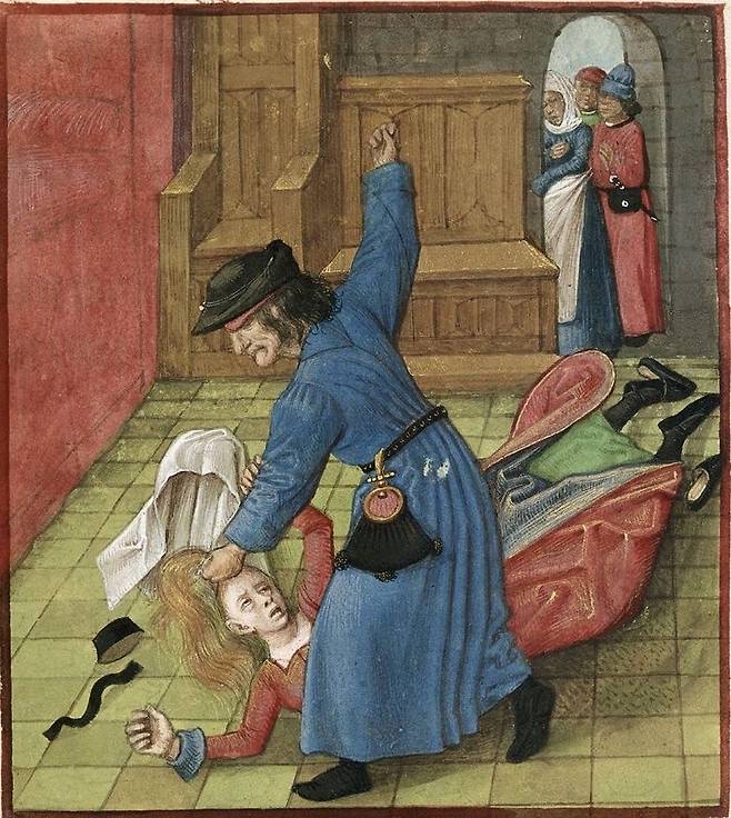 작가 미상, <아내를 구타하는 남편>, 13세기 프랑스 운문소설 <장미 이야기> 삽화, 대영도서관 소장.