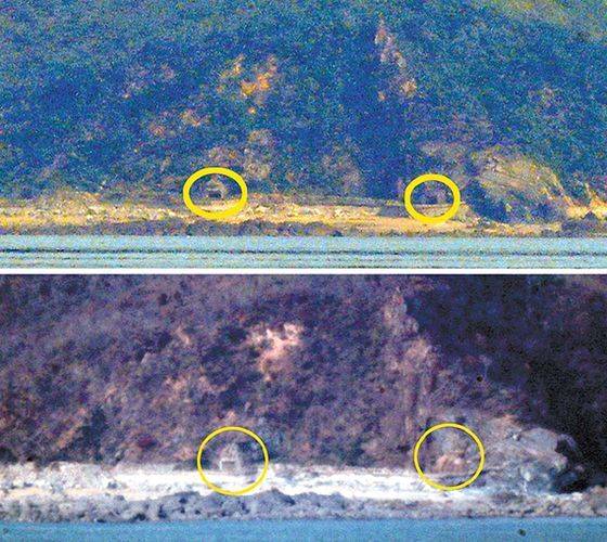 19일 연평도에서 바라본 북한 개머리해안 해안포 포문(위). 9·19 남북 군사합의 후 닫혀 있던 포문(아래)이 열려 있는 것으로 확인됐다. 북한군 총 참모부는 지난 17일 모든 최전방 전선의 경계 근무를 1호 전투 체계로 격상하고 접경 지역 군사훈련을 재개하겠다고 발표했다. [뉴시스]
