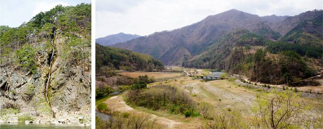 바위산에서 실처럼 흘러내리는 월화폭포(왼쪽). 정선 임계면 미락숲에서 시작해 여량면 아우라지까지 이어지는 산소길 1구간(23.3km)에는 한적하고 아름다운 풍경을 따라 굽이굽이 물길이 이어진다.