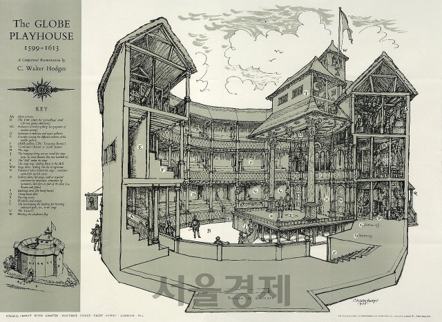 셰익스피어 문학의 산살인 글로브극장의 단면도. 지난 1997년 다시 세운 셰익스피어 글로브도 이런 스케치와 문헌에 따라 복원한 것이다./그림=위키피디아