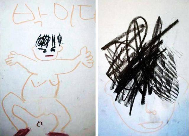 학교생활 중 폭력적인 이상행동을 보이던 중학교 남학생들이 그린 자화상. 우스꽝스럽고 추한 모습으로 자신의 모습을 묘사했다. 이들은 모두 가정 내 신체 학대, 정서 학대의 피해자들이었다. 바움심리상담센터 제공