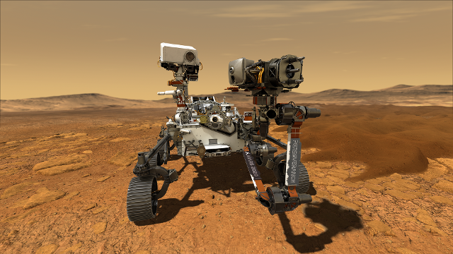 미국 항공우주국(NASA)의 탐사로버 '퍼시비런스'가 한 달 뒤 발사돼 내년 2월 화성에 도착한 모습을 표현한 상상도. NASA 제공