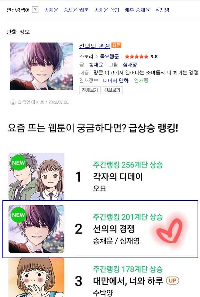 ▲ 웹툰작가 송채윤이 연재중인 '선의의 경쟁. 출처ㅣ네이버 검색화면 캡처