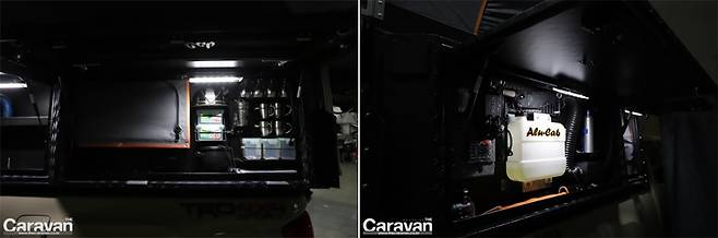 측면의 서비스 도어에는 다양한 용품들을 부착하거나 수납할 수 있는 튼튼한 박스가 설치되어 있다