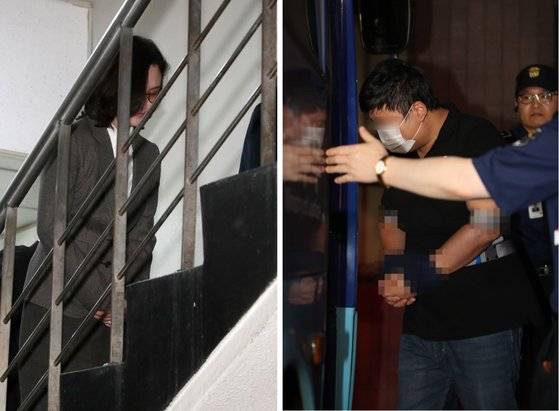 정경심 동양대 교수(왼쪽)가 지난해 10월 영장실질심사를 받으러 서울중앙지법 재판정에 가는 모습. 오른쪽은 조국 전 장관의 5촌 조카인 조범동씨(오른쪽)가 지난해 9월 검찰 조사를 마친 뒤 호송차에 타는 모습. [연합뉴스]