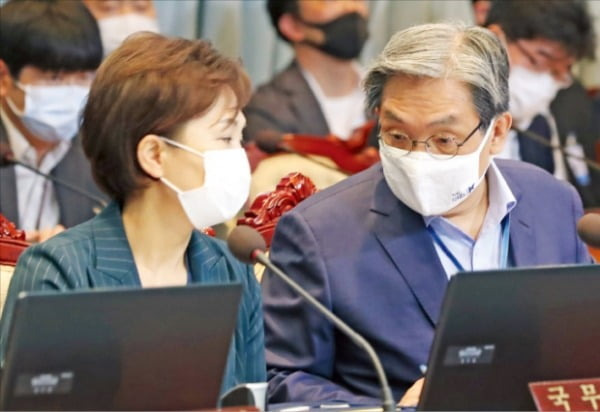 노영민 대통령 비서실장(오른쪽)과 김현미 국토교통부 장관이 7일 청와대 국무회의에서 대화하고 있다.  연합뉴스