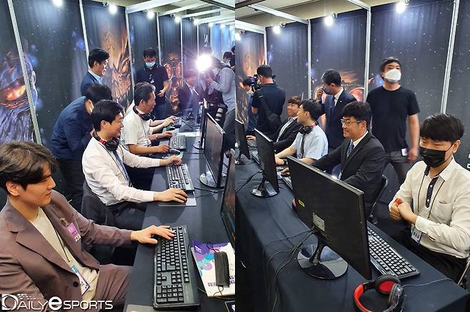 임요환과 박정석이 한 팀을 이뤘고(왼쪽) 강도경과 홍승표 코치가 팀을 구성해 이벤트 매치에 임했다.