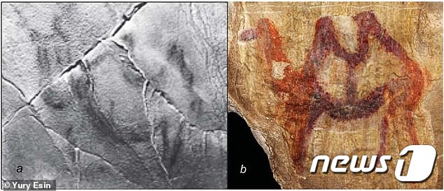 낙타 그림이 새겨진 1만3000년전 매머드 상아와 복원 그림 (유리 에신 트위터) @ 뉴스1
