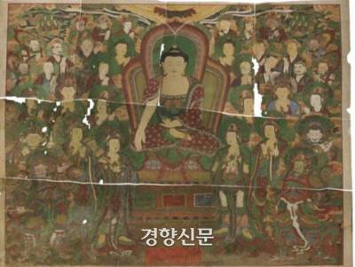 최근 환수된 강원 속초 신흥사 ‘영산회상도’. 38선 이북에 속한 속초는 한국전쟁 때 수복지역이어서 1951년 8~54년 11월까지 미군정이 실시된 곳이다. 이 와중에 신흥사 불화가 6개의 조각으로 나눠져 미군에 의해 반출된 것으로 추정된다. |조계종 제공