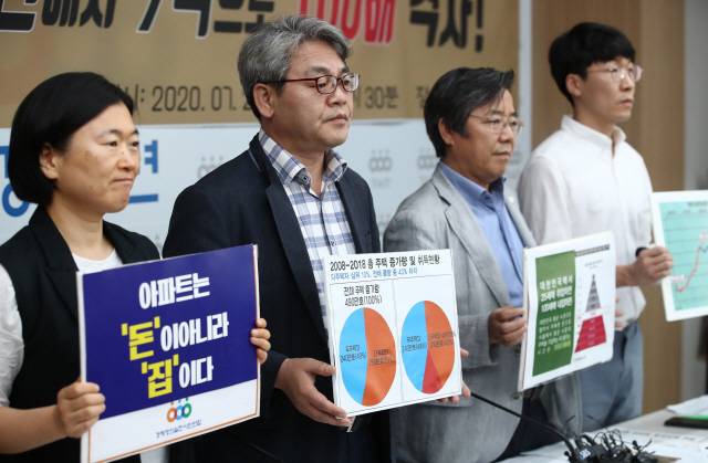 경실련 관계자들이 지난 21일 ‘역대 6개 정권별 서울 34개 아파트 단지 시세변화 분석발표 기자회견’을 하고 있다. /연합뉴스