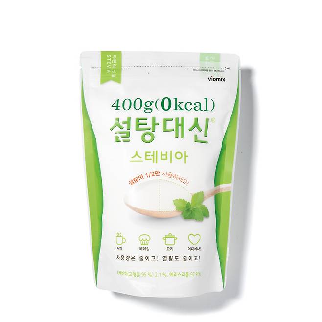 바이오믹스 설탕 대신 스테비아. 에리스리톨을 97.9%, 스테비아를 2.1%의 비율로 섞어 만든 천연 감미료. 칼로리가 없으며, 당도는 설탕의 2배에 해당한다.