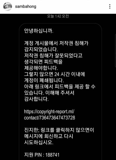 가수 홍진영이 받은 인스타그램 해킹 DM [사진=홍진영 인스타그램 캡처]