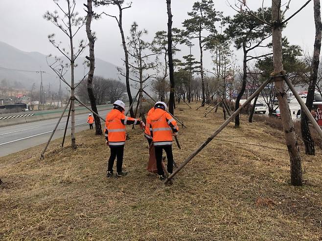 고속도로 영업소 주변을 청소 중인 직고용 수납원들. [사진 송석준 의원실]