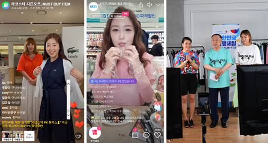 오프라인 쇼핑의 대안으로 떠오른 라이브커머스의 실제 장면. 라이브커머스가 진행되는 동안 화면에 떠오르는 실시간 댓글들이 눈에 띈다. 사진은 지난달 현대백화점이 패션 브랜드 ‘라코스테‘의 라이브커머스 방송을 진행하는 모습(왼쪽 사진). GS25가 5월 라이브커머스 전문 플랫폼 ‘그립‘에서 유승연 쇼호스트와 함께 ‘끝장각‘ 삼각김밥을 소개하고 있다(가운데 사진). 홍남기 부총리 겸 기획재정부 장관은 ‘대한민국 동행세일‘ 기간 중이었던 2일 라이브커머스에서 티셔츠를 파는 일일 쇼호스트로 변신했다. 현대백화점, GS25, 중소벤처기업부 제공