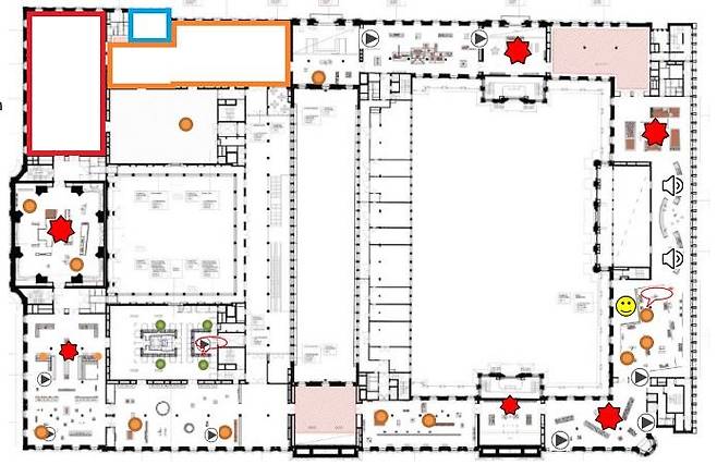 훔볼트포럼 홈페이지에 공개된 도면을 바탕으로 만든 한국관(왼쪽 상단 파란색 선 안)과 일본관(빨간색), 중국관(주황색) 공간 [베를린=연합뉴스]