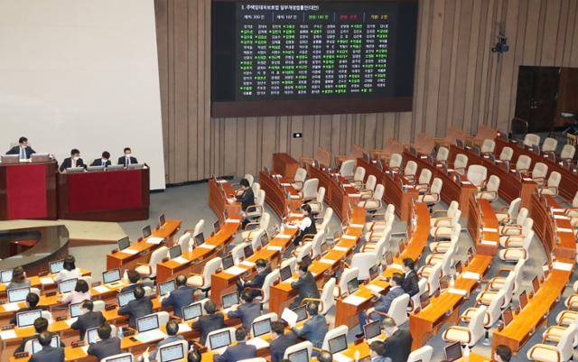 30일 국회에서 열린 본회의에서 통합미래당 의원들이 퇴장한 가운데 주택 임대차 보호법 및 상가건물 임대차보호법 일부개정법률안이 상정되어 가결되고 있다. 오대근 기자