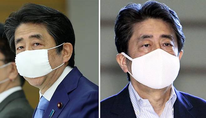 아베 신조 일본 총리가 지난 1일 ‘아베노마스크’(아베의 마스크)라고 조롱의 대상이 됐던 작은 크기의 천마스크(왼쪽) 대신 얼굴을 충분히 가리는 크기의 천마스크를 쓴 채 총리 관저로 들어가고 있다(오른쪽).도쿄 AFP·교도 연합뉴스