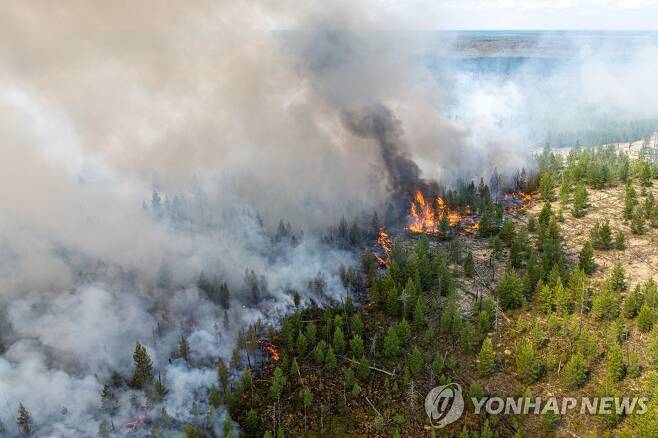 지난달 21일(현지시간) 러시아 시베리아 북서부 한티만시 자치구의 수림에서 발생한 산불 [타스=연합뉴스 자료사진]