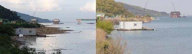 쓰레기가 쌓인 평택호(왼쪽)와 지난 4월 같은장소 모습(오른쪽) [연합뉴스]