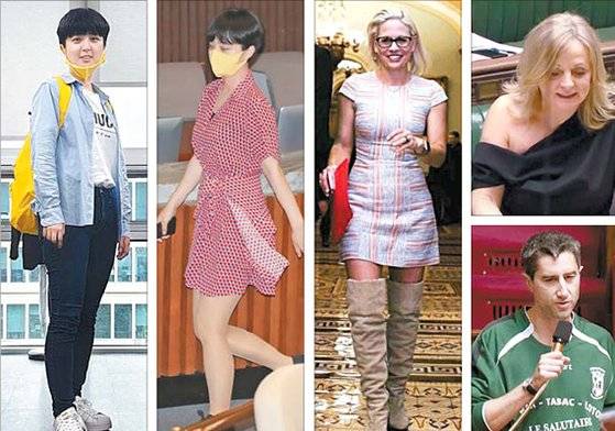 류호정 정의당 의원이 6일엔 청바지와 운동화 차림으로, 4일엔 원피스 차림으로 국회에 나왔다. 커스텐 시네마 미국 민주당 상원의원의 지난해 1월 패션. 의회 발언(지난 2월) 도중 오른쪽 어깨가 노출된 영국 노동당 트래시 브라빈 의원. 2017년 12월 프랑스 의회에 축구팀 셔츠를 입고 연설에 나선 프랑수아 뤼팽 하원의원.(왼쪽부터) [연합뉴스, 트위터 캡처]