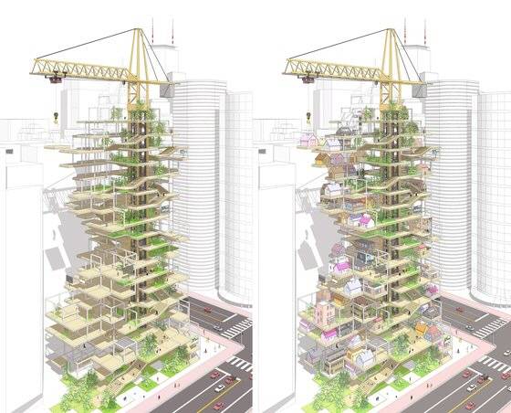 장윤규 국민대 건축대학 교수가 제안한 ‘땅을 분양하는 아파트.’ 각 층에 단독주택을 짓는 구조./사진제공=장윤규 교수