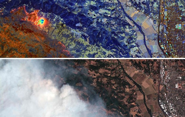 캘리포니아주 대형 산불군(群) 가운데 가장 피해가 심각한 소노마 카운티 힐즈버그 지역의 ‘LNU 번개 복합 파이어’ 위성 사진./막사르 테크놀로지 AFP