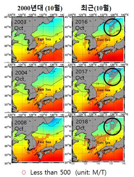 오징어 어장의 변화 (서울=연합뉴스) = 해양수산부는 오징어 어장(동그라미) 이 동해 북부 해역으로 점차 확장하고 있다고 23일 밝혔다. 오징어 어장이 북부 해역에서 지속하는 기간도 길어지고 있다. 2020.8.23. [해양수산부 제공. 재판매 및 DB금지] photo@yna.co.kr