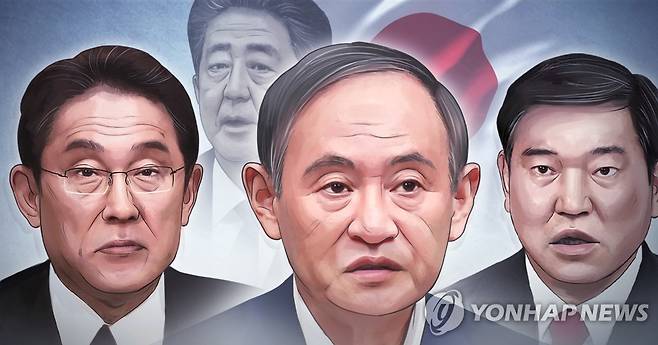 아베 사의, 일본 차기 총리 3파전 (왼쪽부터 기시다 후미오, 아베 신조, 스가 요시히데, 이시바 시게루) (PG) [김민아 제작] 일러스트