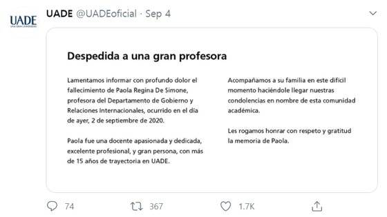 UADE 대학도 지난 4일(현지시간) 파올라 데 시모네 교수를 향한 애도 성명을 냈다. [사진 트위터 캡처]