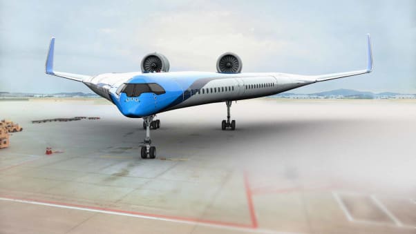 공기역학적 특성을 살린 V자 형태의 차세대 비행기 ‘플라잉 브리’(Flying V)를 실제 크기로 그려낸 그래픽 이미지